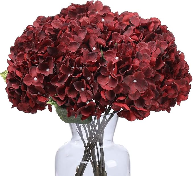 2Bouquets Artificial Fake Flowers Plants Silk Hydrangea Arrangements Wedding Bouquets Decorations Plastic Floral Home Kitchen Garden Party Festival Bar DIY (Dark Red,5 Flower Heads)
