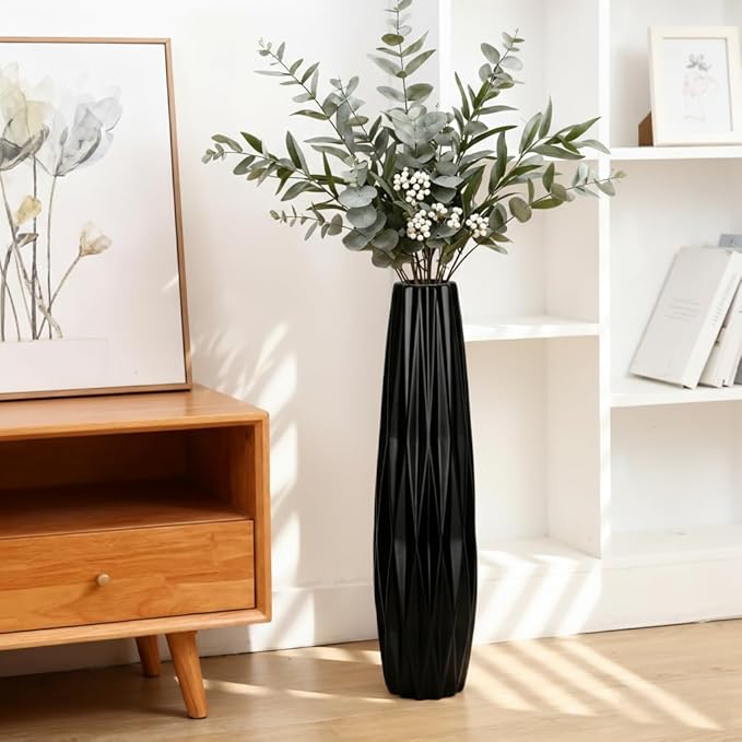 Black Ceramic Tall Floor Vase – 24" Modern Minimalist Decorative Large Vase for Living Room Corner, Entryway, or Office Home Decor