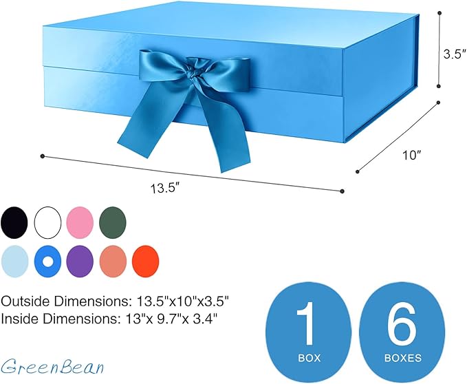 GREEN BEAN 6 Large Gift Boxes with Lids for Presents 13x9.7x3.4 Inches, Blue Magnetic Gifts Boxes with Ribbon, Groomsmen Proposal Box, Luxury Gift Boxes (Glossy Blue)