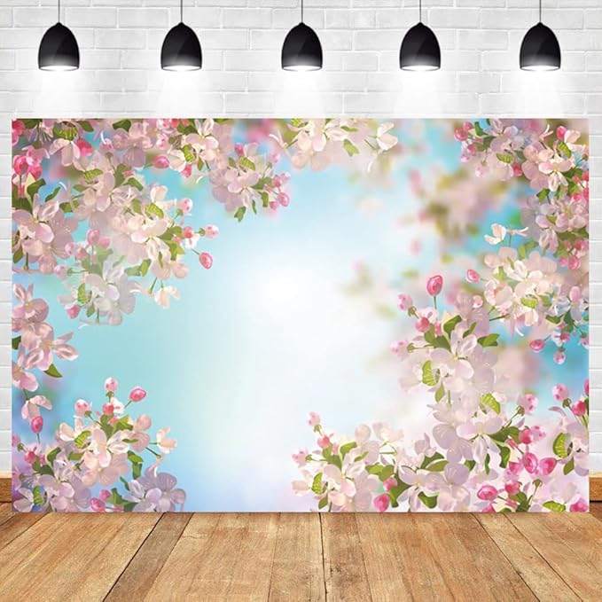 Renaiss 10x6.5ft Pink Floral Backdrop Romantic Cherry Blossom Blue Sky Sunshine Nature Scenery Polyester Photography Background for Wedding Kids Baby Birthday Party Decor Photo Props