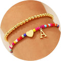 Ritach Christmas Gifts for Teens Girls Kids - 2PCS Colorful Heart Initial Bracelet Stackable Real Gold Plated Stretchable Beaded Bracelets for Teen Girls Kids Birthday Gifts Stocking Stuffers