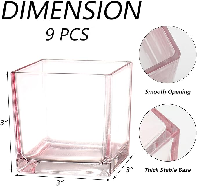 Square Flower Vases Set of 9, 3"x 3"x 3" Glass Vases for Centerpieces, Pink Vase for Flowers, Small Vase for Wedding, Party, Home Office Decoration