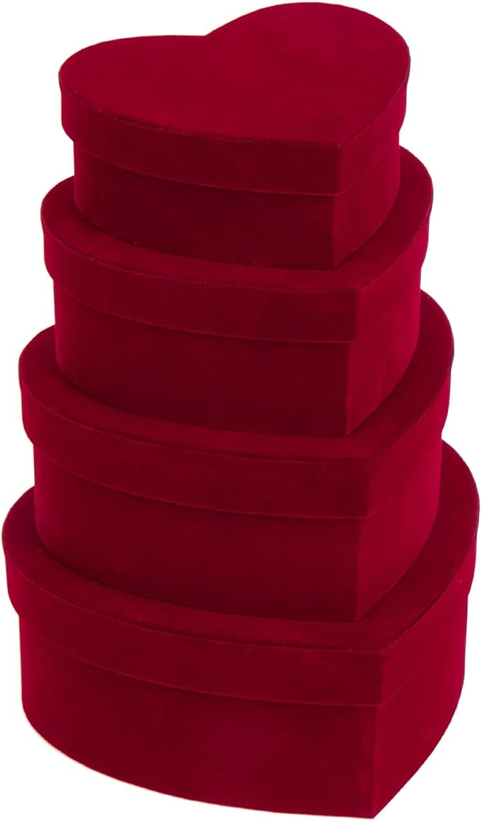 GnFlus Red Wine Gift Boxes with Lids for Presents 4 Pack Heart Shaped Velvet Nesting Burgundy Gifts Box for Arrangements Flowers Wedding Valentines Christmas Birthdays Bridesmaid Anniversary Party