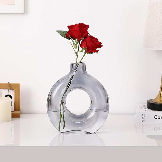 Glass Donut Vase, Grey Glass Vase, Flower Vase, Decorative Vase, Modern Vase, Round Glass Vases for Home, Living Room, Dining Table, Entryway, Mantle, Shelf, Wedding, Office, Coffee Table