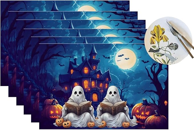 PVC Placemats Set of 6 Wipeable Table Mats Washable Heat Resistant Non Slip Vinyl Dining Table Mat for Kitchen Indoor Outdoor Patio Farmhouse Place Mats Halloween Pumpkin Ghosts Castle Decorative