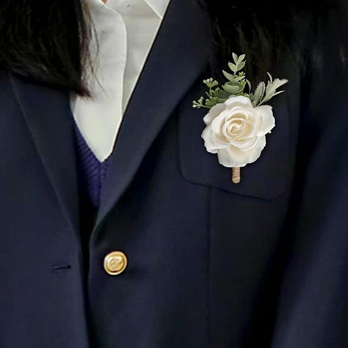 Ivory Rose Boutonniere for Men Wedding Set of 6 Groom Groomsmen Best Man Artificial Flowers Boutonniere for Wedding Ceremony Anniversary Prom Flowers Formal Dinner Party (6, White, Middle)