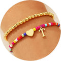 Ritach Christmas Gifts for Teens Girls Kids - 2PCS Colorful Heart Initial Bracelet Stackable Real Gold Plated Stretchable Beaded Bracelets for Teen Girls Kids Birthday Gifts Stocking Stuffers