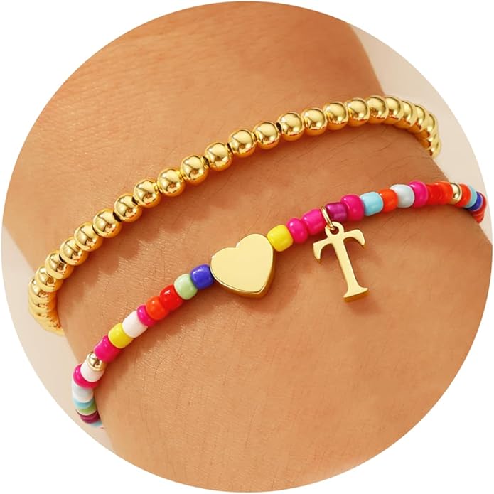 Ritach Christmas Gifts for Teens Girls Kids - 2PCS Colorful Heart Initial Bracelet Stackable Real Gold Plated Stretchable Beaded Bracelets for Teen Girls Kids Birthday Gifts Stocking Stuffers
