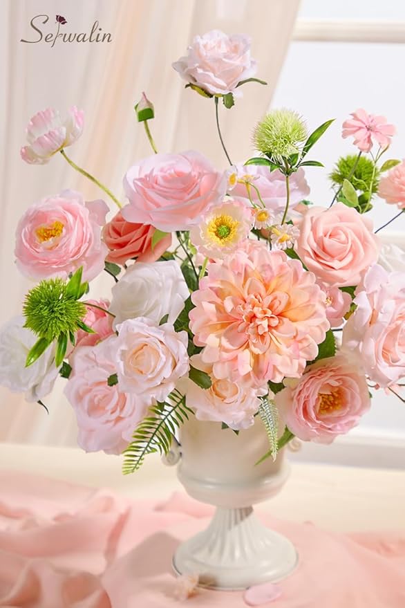 Serwalin Artificial Silk Flowers Blush Pink, Fake Flowers Stems for Wedding Bouquets DIY, Baby Shower Centerpieces, Cake Decor, Birthday Party & Home Decor (Pale Pink)