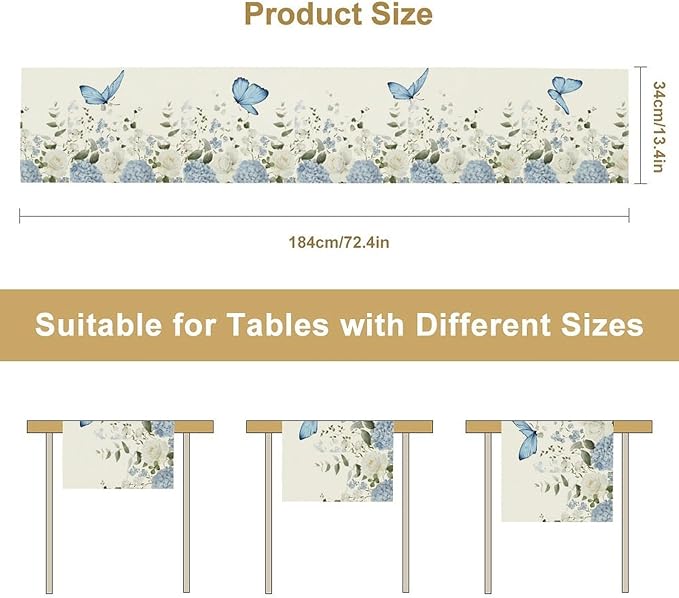 Floral Table Runner, Blue White Flower Butterfly Garden Spring Nature Decoration Table Runner for Kitchen Dining Home Party, 13x90 Inch