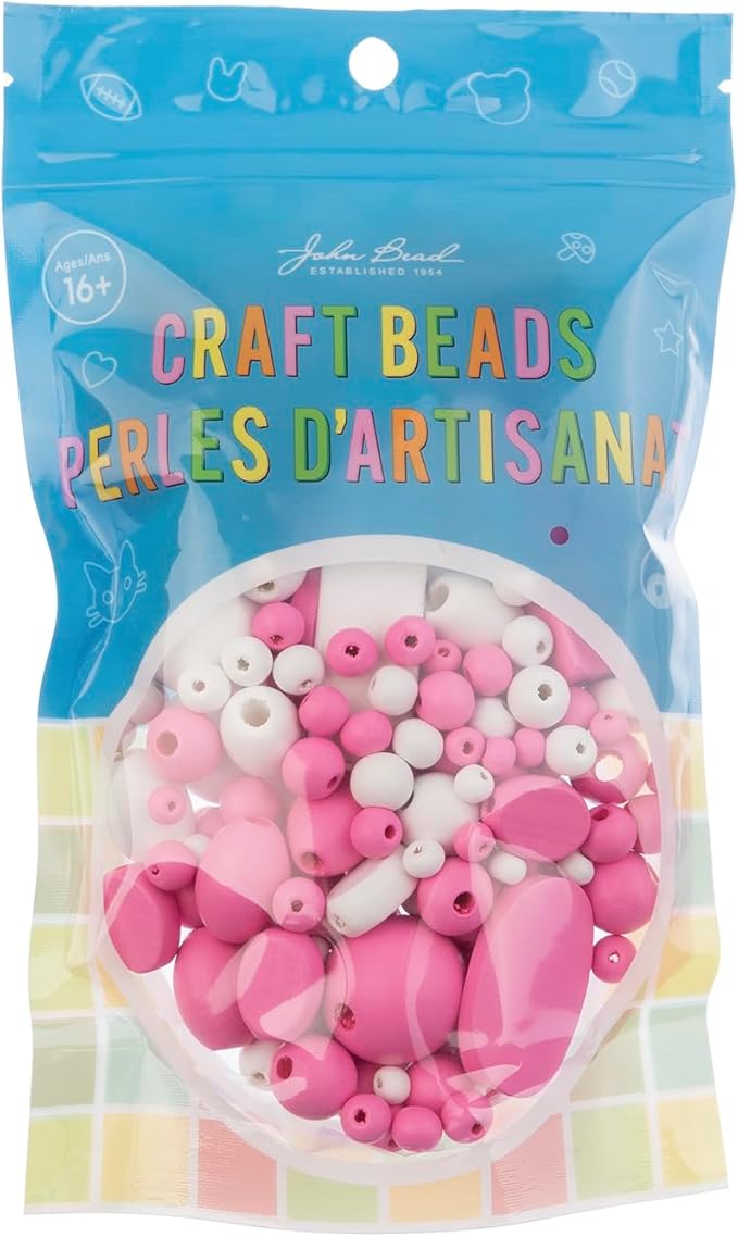 John Bead 90g Craft Beads Pink and White Wood Beads with Elastic Nylon Cord