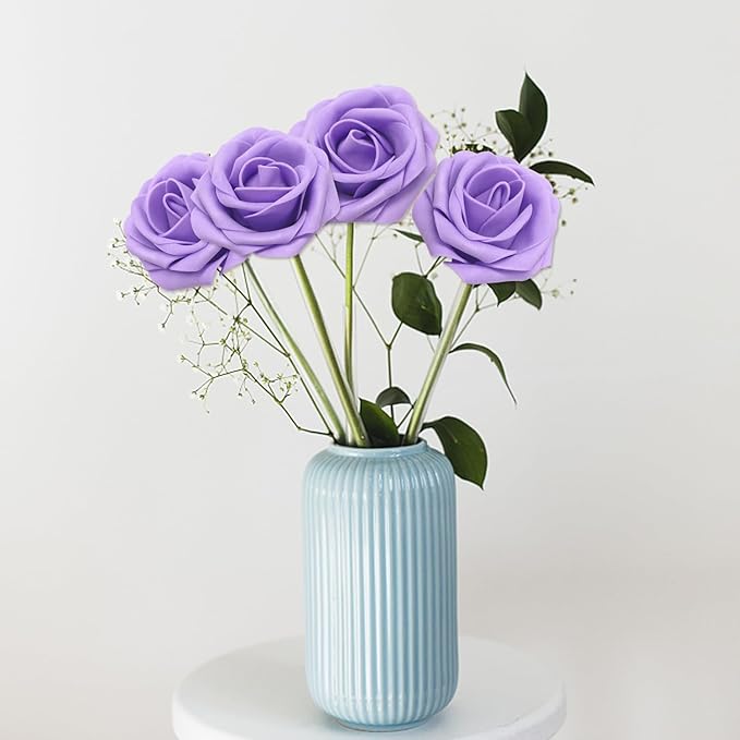 100PCS Artificial Flowers Purple Roses Real Looking Foam Fake Roses with Leaves and for DIY Wedding Bouquets Bridal Shower Centerpieces Party Decorations (Purple, 100)