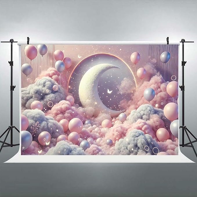 Dreamy Moon and Balloons Backdrop Pink Dreamy Balloon Moon Baby Birthday Decoration Kids Portrait Photo Backdrop Newborn Baby Photography Background (6x4feet)