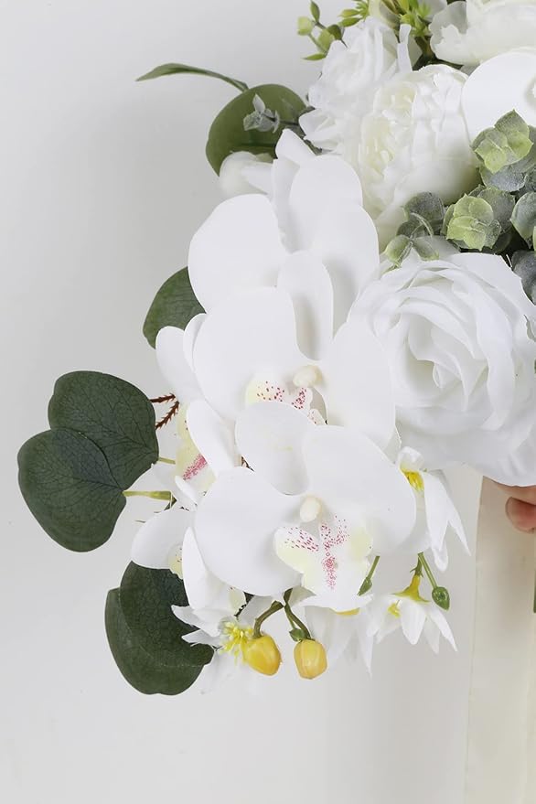 Artificial Bridal Bouquet, 11 Inch White Artificial Wedding Bouquets for Bride Bridal Bouquet Bridesmaid Bouquet Tossing Bouquet for Wedding Ceremony and Anniversary(White)