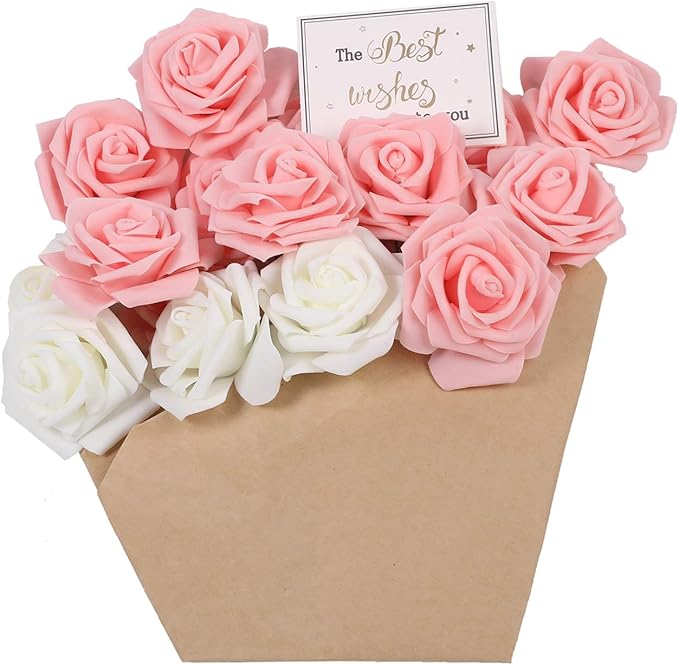 Artificial Flowers Roses 50pcs Pink Roses Wedding Decoration Real Looking Fake Roses w/Stem for DIY Wedding Bouquets Centerpieces Arrangements Party Baby Showers Home Decorations (Pink, 50 pcs)