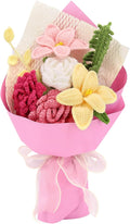 Crochet Flowers Finished Bouquet Crocheted Cotton Thread Flowers, Handmade Crochet Rose Tulip Fern Leaf as a Gift for Lover, Friends. Artificial Flower (Pink)