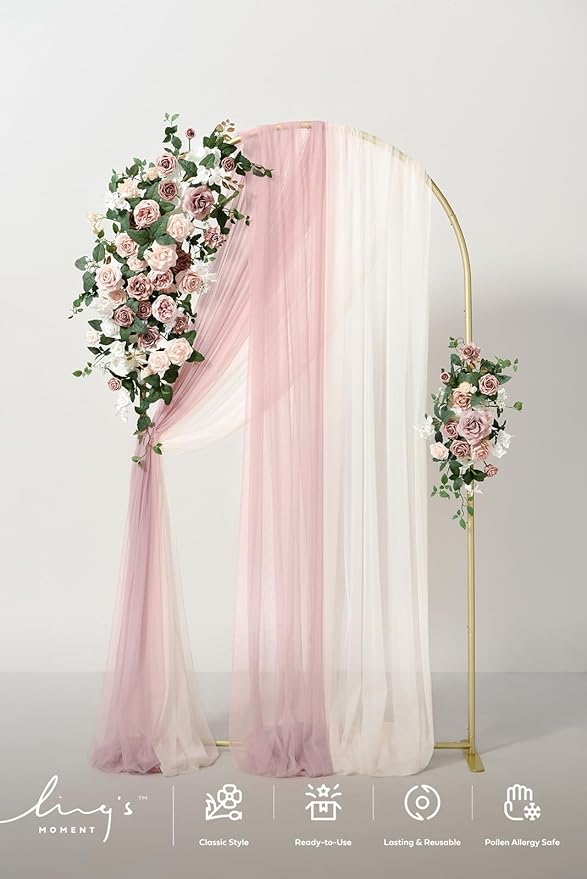 Ling's moment Wedding Arch Backdrop Stand with Flowers - 7.2FT Metal Arch Frame with Drapes for Ceremony Decor - Artificial Floral Birthday Party, Bridal Shower, Outdoor Garden, Pink Dusty Rose, Gold