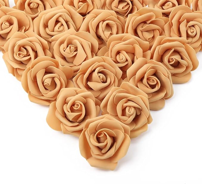 IPOPU Artificial Rose Flower Heads, 100 Pcs Real Looking Gold Yellow Foam Fake Roses for DIY Wedding Baby Shower Centerpieces Arrangements Party Tables Home Decorations (Gold Yellow, Stemless)