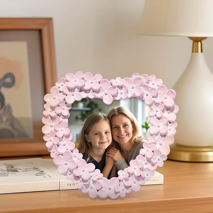 Hodao 4x4 Inch 3D Floral Heart Shaped Frame - Hand-Crafted Resin Picture Frame with White & Gold Accents for Wedding, Valentine’s Day & Romantic Home Decor (Pink-Heart)