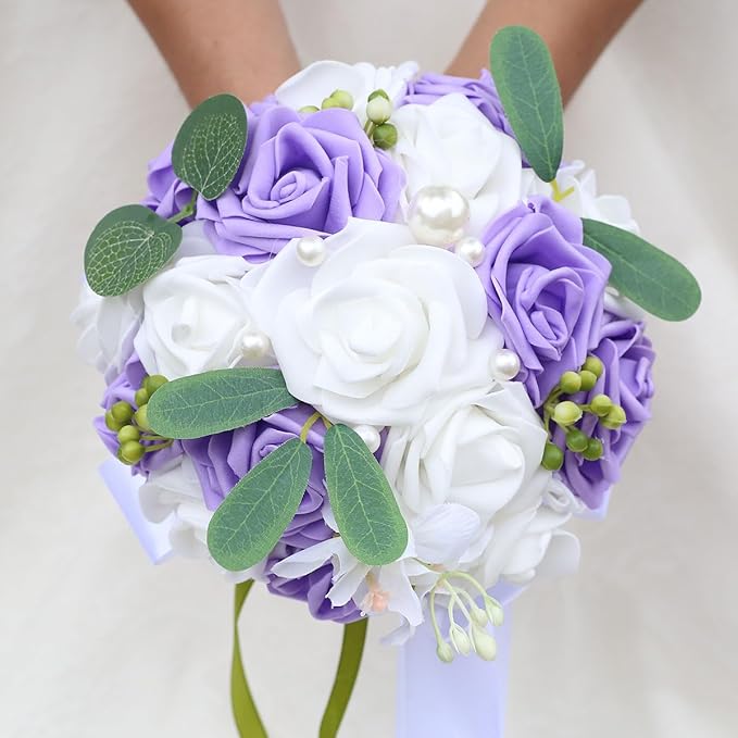 Lightweight Bridal Wedding Bouquet Round Holding Bouquet Throw Toss Artificial Rose Flower Bunch for Bride Bridesmaid Wedding Quinceanera (White & Mid Purple, 7.9")