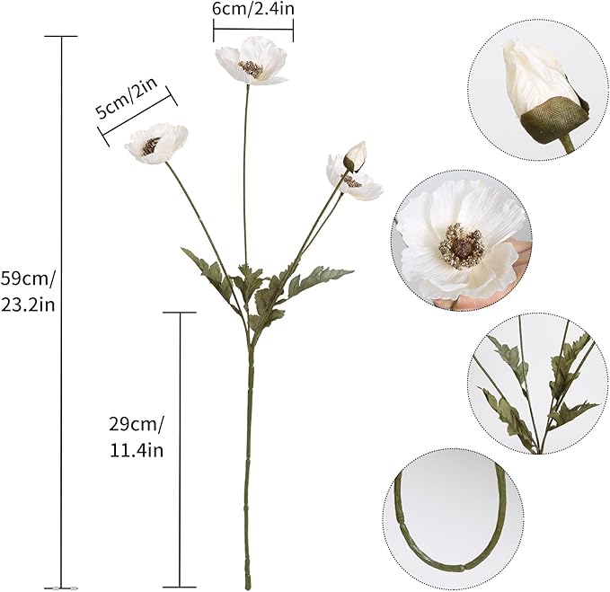 IPOPU White Artificial Poppy Flowers 6pcs Poppies White Artificial Flowers with Stems Silk Flower Arrangements for Wedding Centerpieces for Home Table Bridal Shower Party Decorations (White)