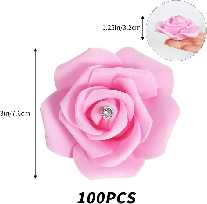 IPOPU 100pcs Pink Foam Rose Artificial Flower Bulk with Crystal 3in Real Looking Stemless Fake Roses for DIY Craft Wedding Bouquets Wall Decoration Bridal Shower Arrangement Home Decorations(Pink)