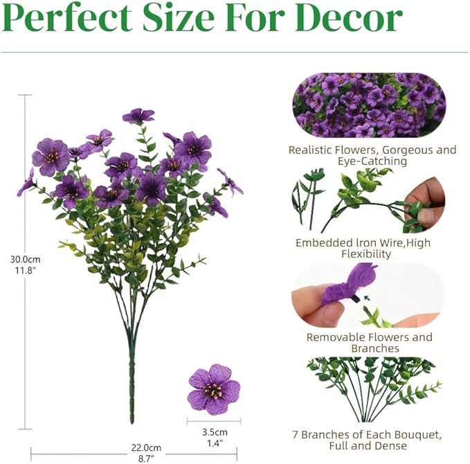12 Bundles Artificial Flowers for Outdoor, UV Resistant Faux Mums with Eucalyptus Leaves Fake Plants for Outdoor Planters Greenery Boxwood Porch Patio Decoration