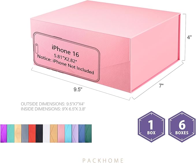PACKHOME 6 Gift Boxes 9x6.5x3.8 Inches, Rectangle Collapsible Boxes with Magnetic Lids for Gift Packaging (Matte Pink, Grain Texture)