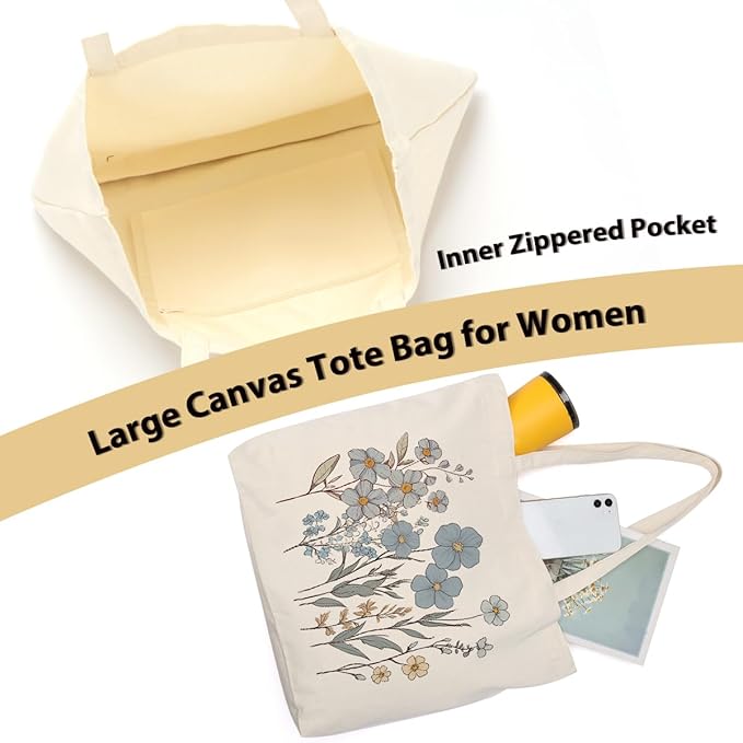 Aesthetic Floral Canvas Tote Bag for Women with Pocket, Tote Bags for Grocery Shopping Work Gym Christmas Birthday