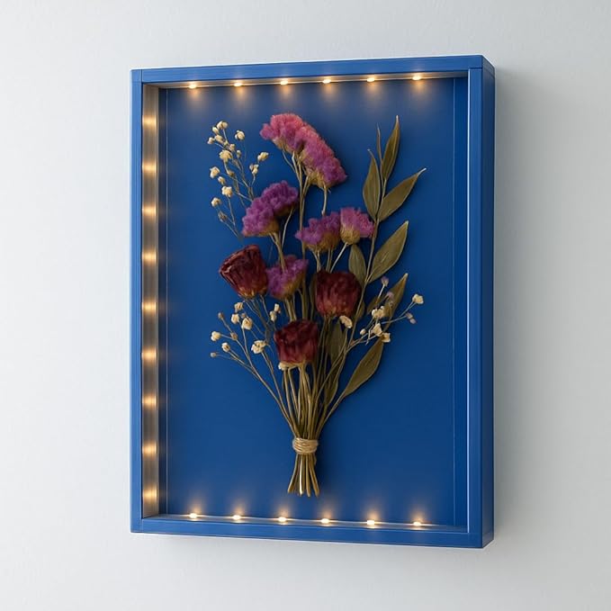 Dried Flowers Shadow Box with LED Light Dimmable Changeable Pictures Display Frame Wall-mounted & Tabletop Photo Album Display (Indigo)