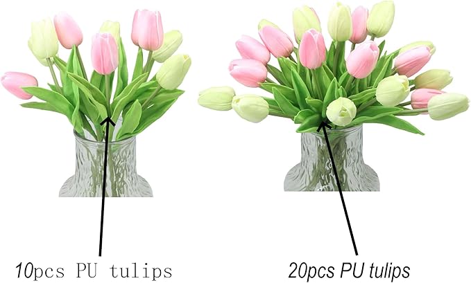 Artificial Flowers 10 Heads Mini Real Touch Artificial Tulip for Home Wedding Party Centerpiece Decoration (Green&Pink)