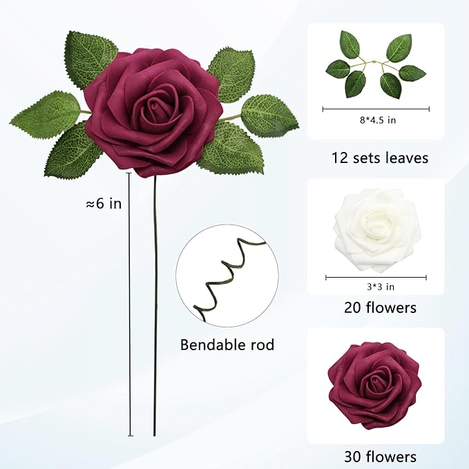 JOYLEX Artificial Flowers Realistic Roses, 50 pcs Real Looking Fake Roses with Stem for DIY Wedding Bouquets Centerpieces Bridal Shower Party Home Romantic Decorations (White & Wine Red)