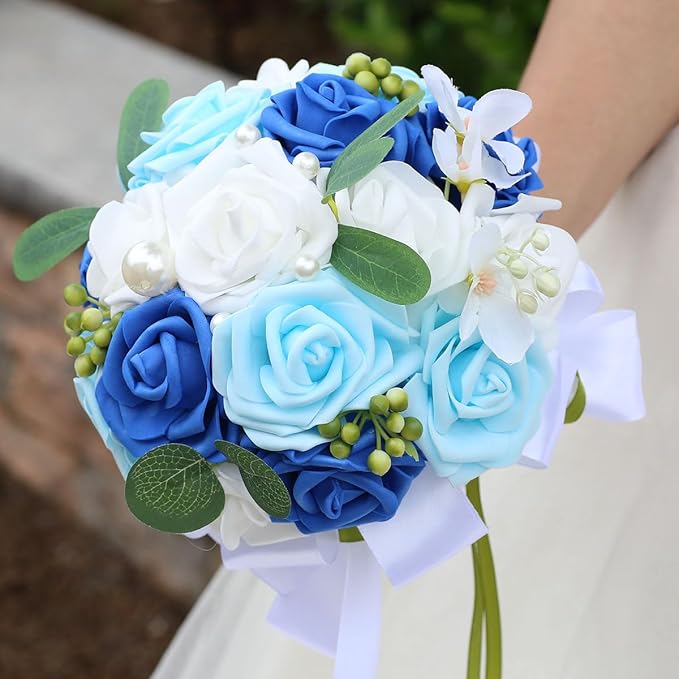 Lightweight Bridal Wedding Bouquet Round Holding Bouquet Throw Toss Artificial Rose Flower Bunch for Bride Bridesmaid Wedding Quinceanera (White, Royal Blue & Light Blue, 9.1")
