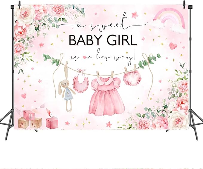 Mocsicka Sweet Baby Girl Baby Shower Backdrop Princess Pink Greenery Party Decoration for a Girl's Arrival, Photo Booth Banner (Pink, 10x7ft)