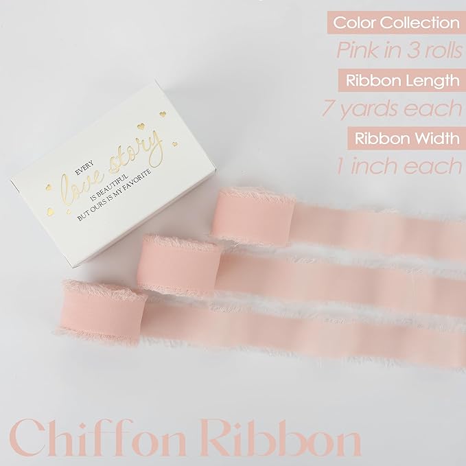 MEEDEE Blush Chiffon Ribbon 1 Inch Fringe Ribbon Pink Chiffon Silk Frayed Edge Ribbons Thin Chiffon Ribbons for Crafts, Gift Wrapping, Wedding Invitation (3 Rolls 21 Yards)