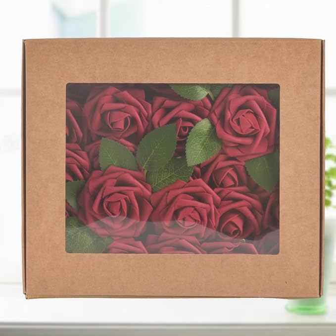 homEdge Artificial Rose, 25pcs Foam Artificial Flowers with Stem for Home Decorations, Wedding Bouquets, Party, Certerpieces, Anniversaries-Burgundy