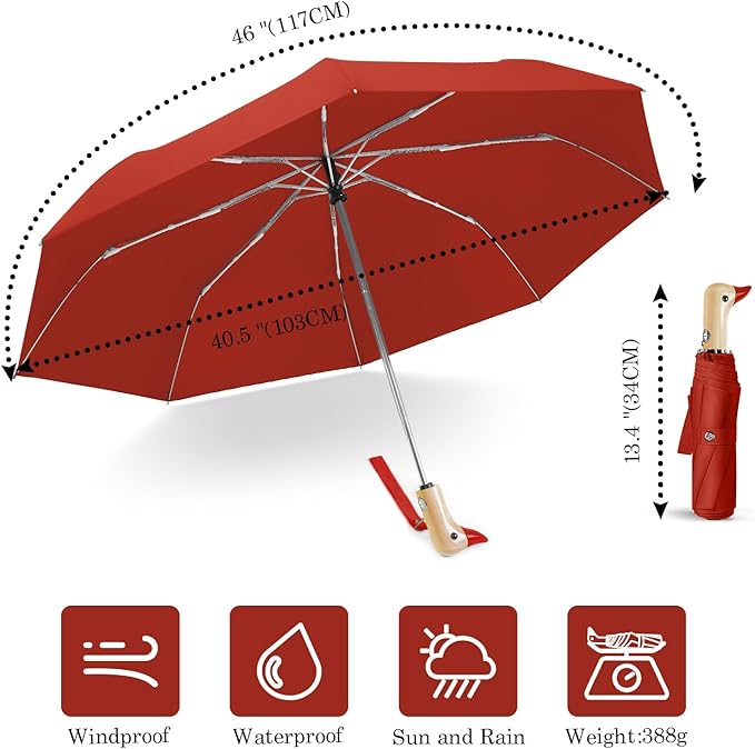 Cute Duck Umbrella Automatic - Compact Pretty Pocket Size Strong Duck Collapsible Umbrella Yellow Wooden Handle for Women