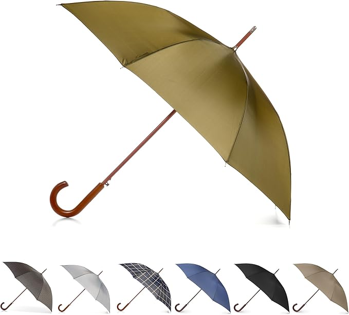 Totes Eco Auto Open Umbrella Classic Wooden J Stick Handle with Easy Grip - Windproof, Rainproof and Durable Canopy Design – Versatile Travel, Perfect for Rainy Days