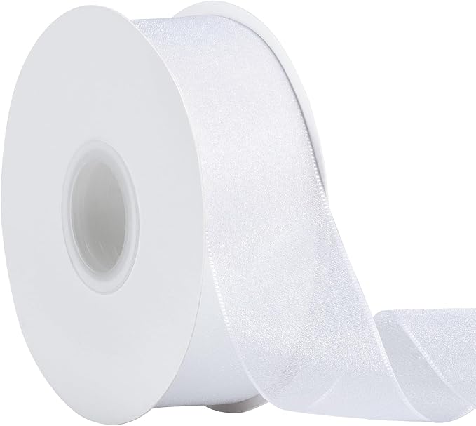 Sheer Organza Ribbon 1-1/2 Inch Chiffon Ribbons for Bouquets Garland, Gift Wrapping, 50 Yards/Roll (White)