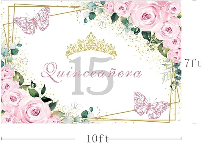 SENDY 10x7ft Quinceañera Backdrop Mis Quince 15 Anos Birthday Party Decorations Supplies for Girl Princess Pink Floral Butterfly Gold Crown Photography Background Banner Photo Booth Studio Props