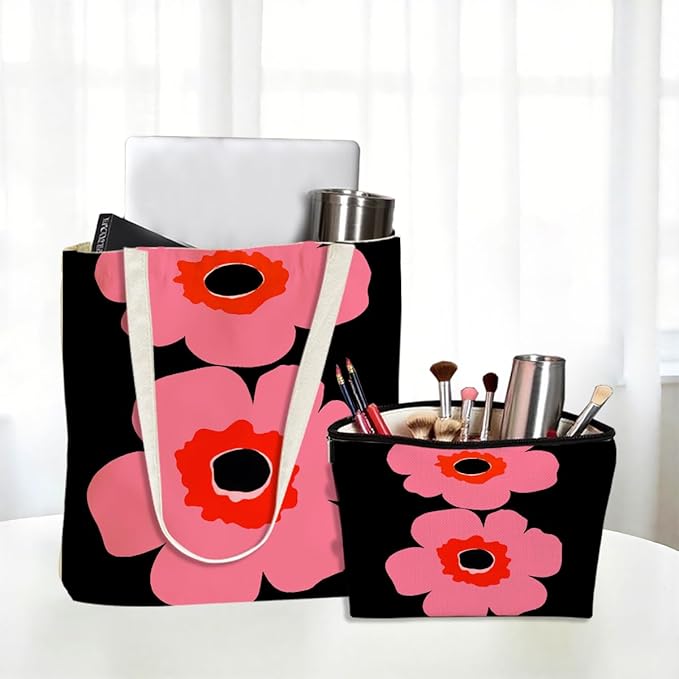 Flower Plant Lover Gifts for Women Canvas Tote Bag with Makeup Bag Cosmetic Bags Grocery Bags for Shopping Christmas