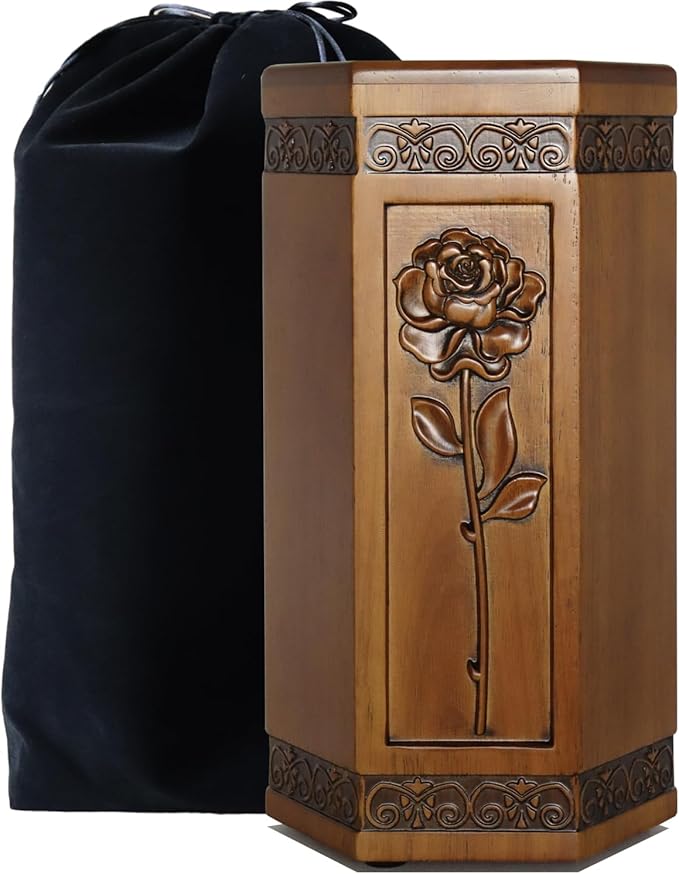 Urns for Wooden, Cremation Urn for Human Ashes Adult - Hand Engraving Rose Flower - Funeral Urn for Mother/Dad - Display Burial at Home or in Niche at Columbarium (Large Wood Decorative Urn