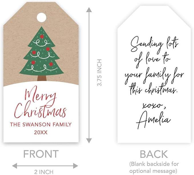 Andaz Press Personalized Christmas Holiday Season Classic Gift Tags, Merry Christmas Custom Family Name and Year, Christmas Tree Design, for Holiday Events, Parties, and Favors, 60-Pack