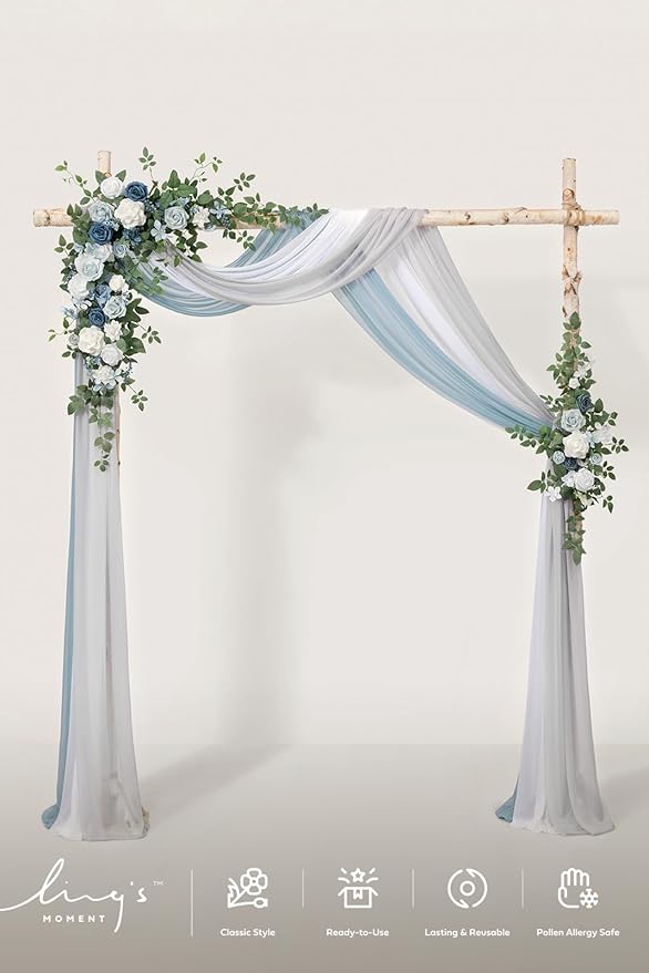 Ling's moment Artificial Wedding Arch Flowers with Drapes Kit-Pack of 5, 2pcs Flower Arrangements 3pcs Hanging Sheer Drapes Sage Ceremony Arbor Backdrop Rose Floral Decorations, Dusty Blue