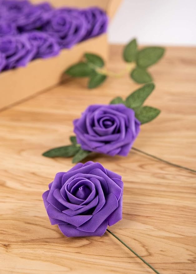 25pcs Artificial Flower Foam Rose Real Touch Roses Flower Heads with Stem for DIY Wedding Bouquets Centerpieces Arrangements Party Baby Shower Home Decor (Deep Purple)