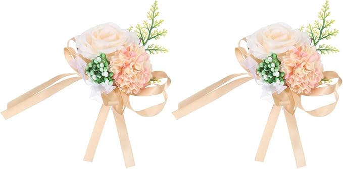 MECCANIXITY Wrist Corsage Artificial Flower Bracelets Pack of 2 Rose Wrist Bride Groom Decorative for Wedding Ceremony Prom Party Anniversary, 10x12cm Light Beige