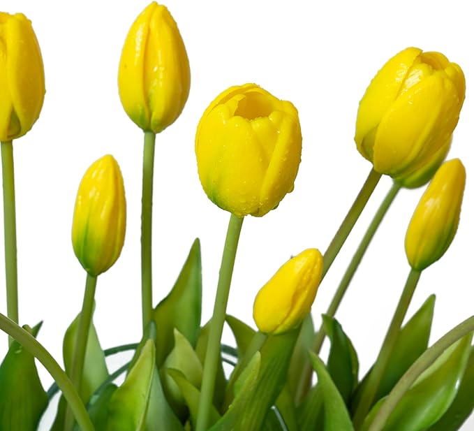15pcs Artificial Tulips Flowers, Real Touch Latex Bouquet, Fake Tulips for Office Wedding Party Home Kitchen Garden Decoration-B Yellow