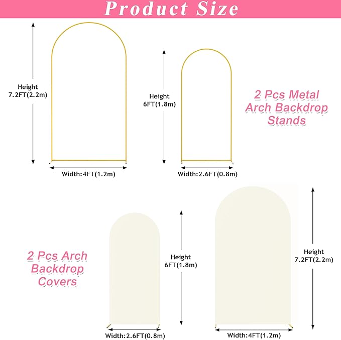 Putros Metal Arch Stand with Cover Set of 2 Ivory Spandex Fitted Wedding Arch Cover and Round Top Chiara Backdrop Stand for Birthday Party Baby Shower Decoration 7.2FT, 6FT