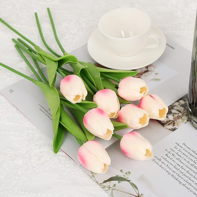 IPOPU 24PCS Pink Tulips Artificial Flowers Light Pink Tulips Fake Flowers for Tulip Flower Arrangements Home Decor Wedding Bridal Bouquet Party Baby Shower Centerpieces (Light Pink)