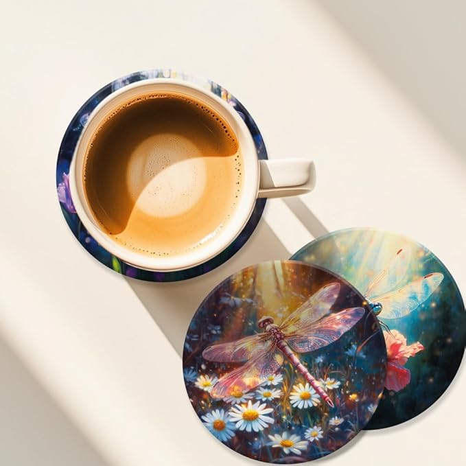 ANATTASOUL Coasters Set of 9 Fantasy Dragonfly Pattern Colorful Wooden Coasters Bulk Round Housewarming Gift for New Home, 3.9" Decorative Coffee Table Protection for Farmhouse Bar House Decor